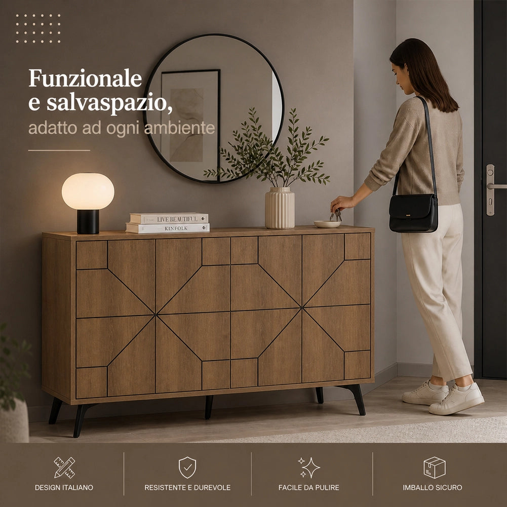 Madia con 4 Ante Credenza Design Geometrico Moderno in Legno 123x77 cm Rovere