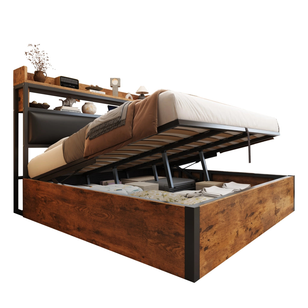 OKWISH Letto contenitore 140×200 cm, Letto Matrimoniale con Vano Contenitore, USB, Testiera Imbottita e Mensole, senza Materasso, Nero