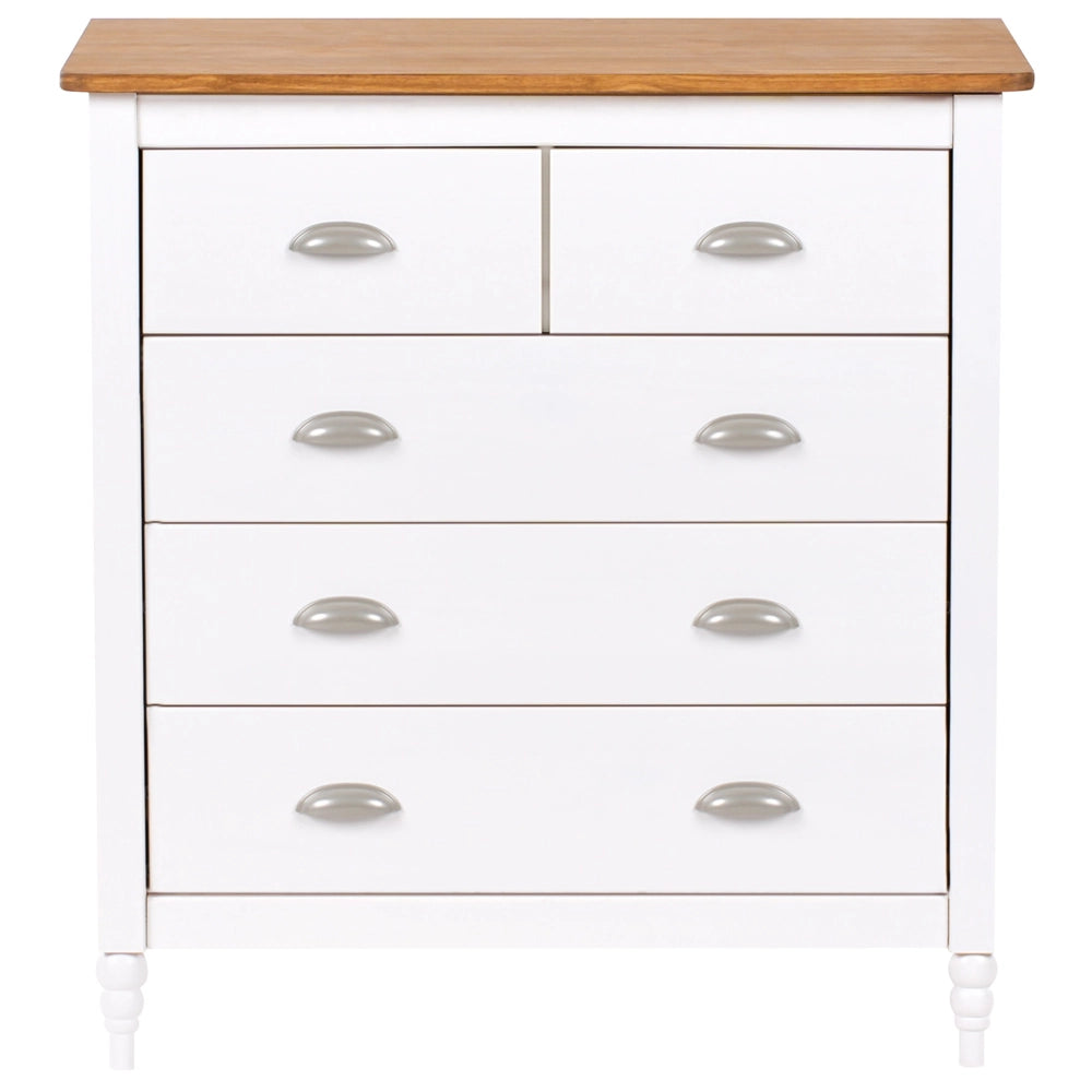 Credenza bianca a 5 cassetti con ripiano in legno in stile scandinavo