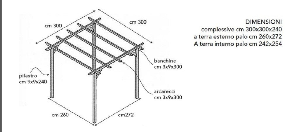 GAZEBO PERGOLA ECO 300X300 LEGNO PINO MASSELLO IMPREGNATO