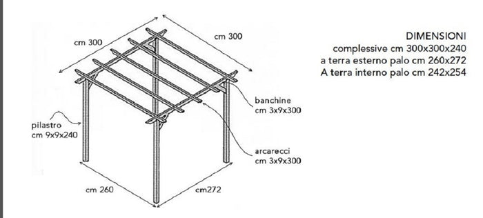 GAZEBO PERGOLA ECO 300X300 LEGNO PINO MASSELLO IMPREGNATO