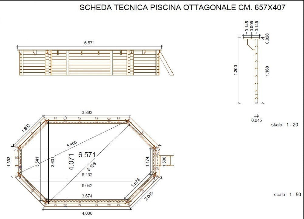PISCINA OTTAGONALE IN LEGNO IMPREGNATO DIAMETRO CM.657X407X120H