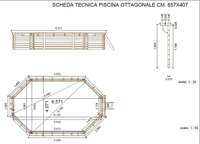 PISCINA OTTAGONALE IN LEGNO IMPREGNATO DIAMETRO CM.657X407X120H
