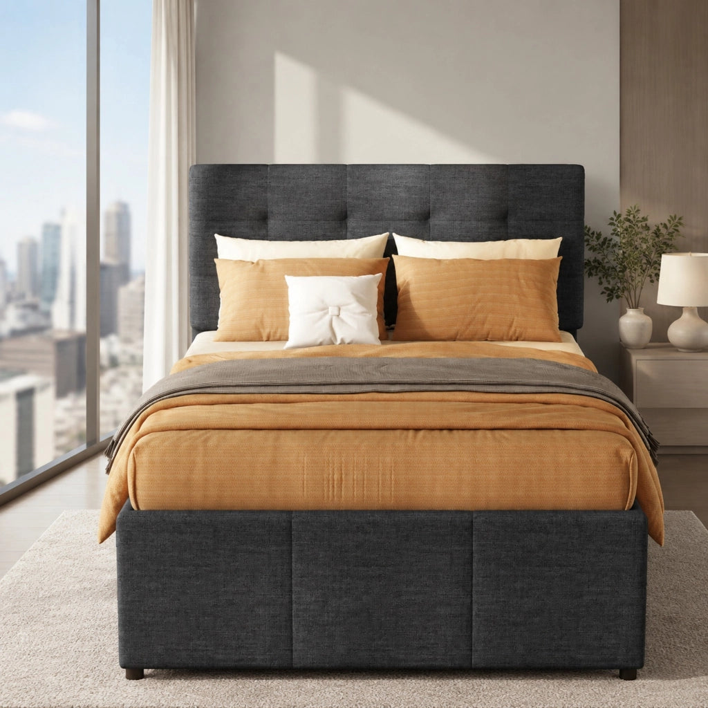 LETTO imbottito estraibile 90x200 cm grigio in lino con 3 cassetti