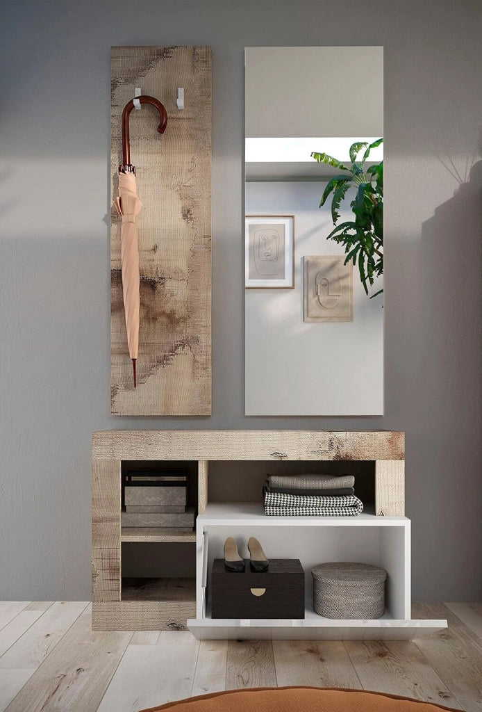 Scarpiera Adonide, Mobile portascarpe, Armadio da ingresso multiuso, Mobiletto per calzature, Made in Italy, 91x35 h58 cm, Bianco lucido e Acacia