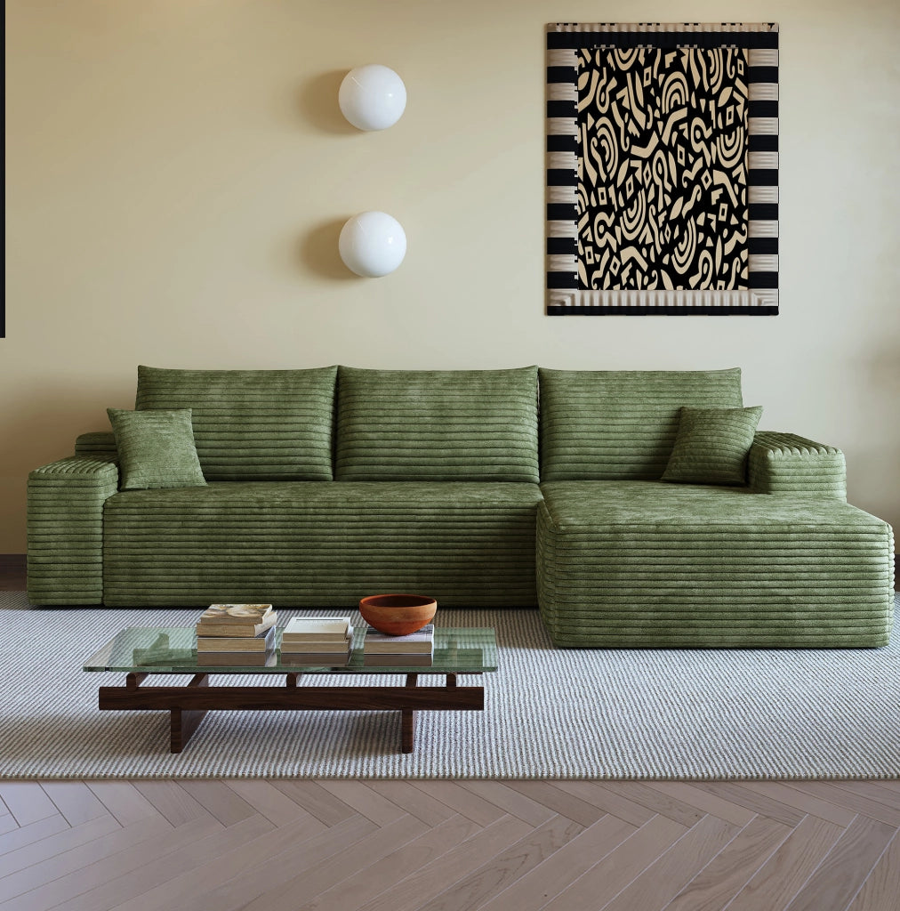 Divano in velluto a coste rigato verde 270 x 175 x 83 cm