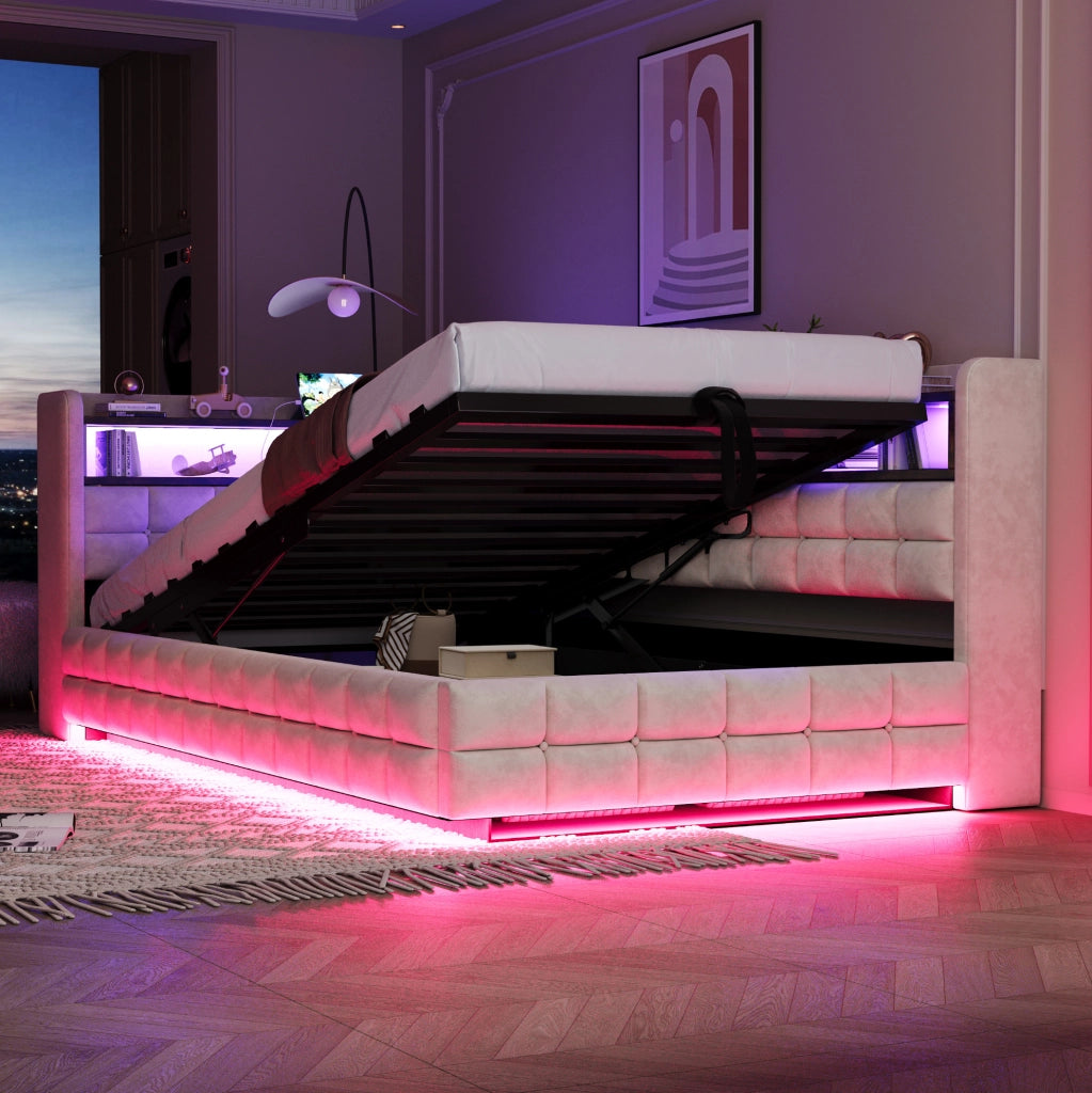 Letto imbottito multifunzione 90x200 cm con contenitore, LED e prese
