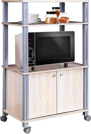 Magnetronrek, magnetronrek, carrello da cucina su ruote con 3 strati e cassa, carrello da cucina, servitore, supporto stabile in piedi, grande capacità di stoccaggio, spazievitore (leggero marrone)