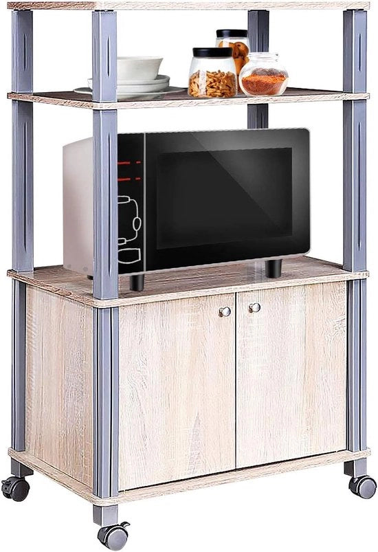 Magnetronrek, magnetronrek, carrello da cucina su ruote con 3 strati e cassa, carrello da cucina, servitore, supporto stabile in piedi, grande capacità di stoccaggio, spazievitore (leggero marrone)