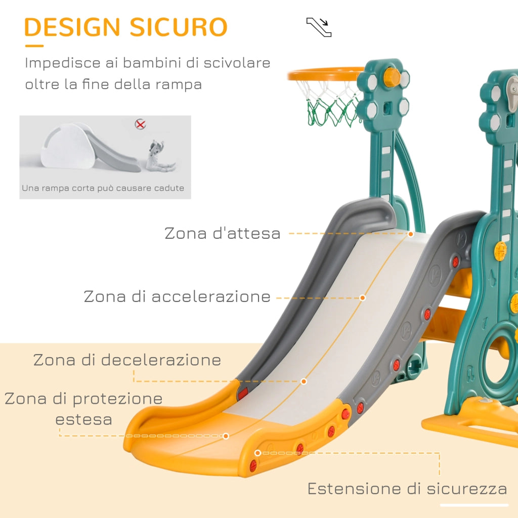 EasyComfort Scivolo 3 in 1 per Bambini con Altalena Regolabile, Canestro e Palle per Cameretta e Giardino, 152x149x107cm, Blu, Grigio, Giallo