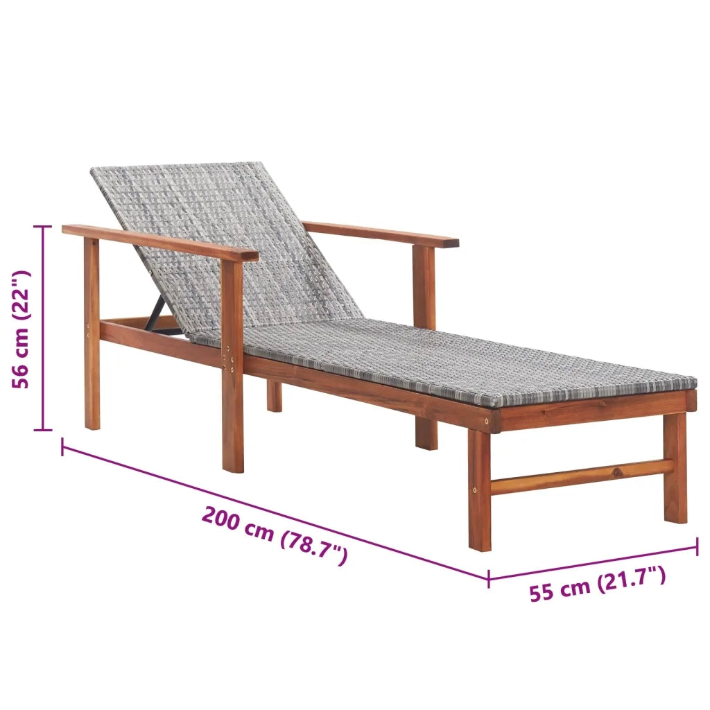 Lettino Prendisole | Sdraio da giardino | Lettino da sole Polyrattan e Legno Massello di Acacia Grigio