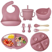 Set di alimentazione per bambini con leva di apertura in silicone, coperchio con bordo e cucchiaio, becher, set di alimentazione per bambini - rosa