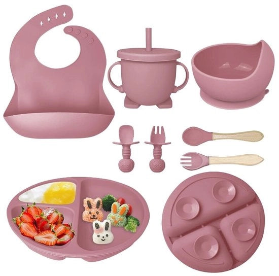 Set di alimentazione per bambini con leva di apertura in silicone, coperchio con bordo e cucchiaio, becher, set di alimentazione per bambini - rosa