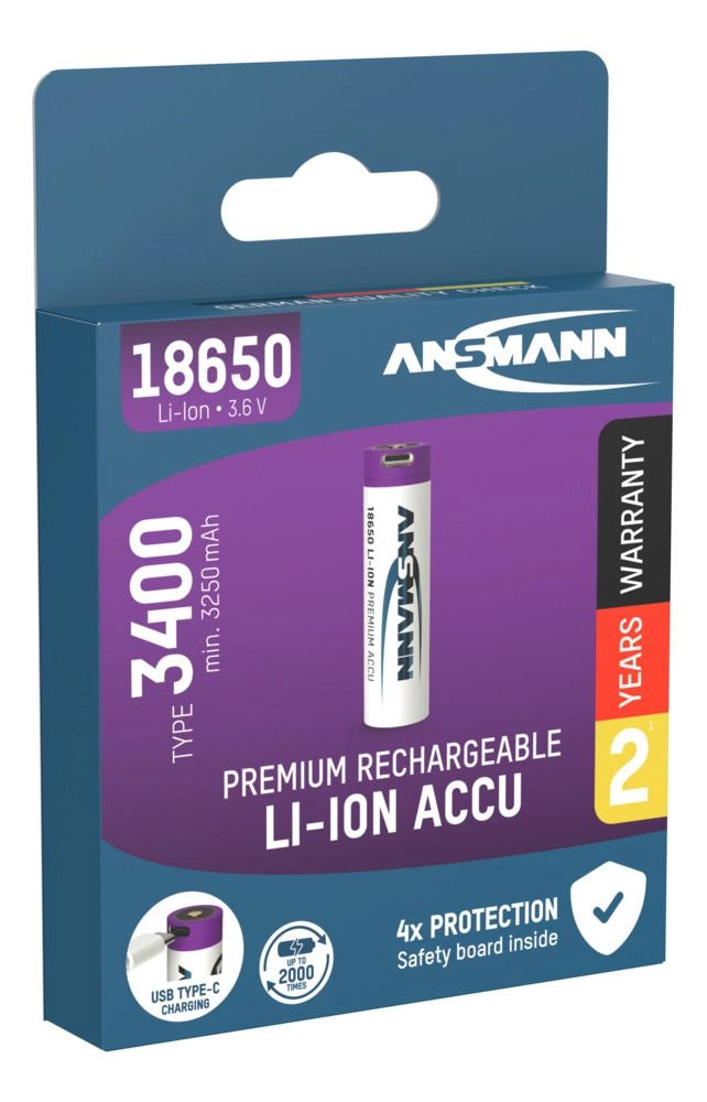 Batteria agli ioni di litio 18650 3400 mAh con presa di ricarica USB Type-C