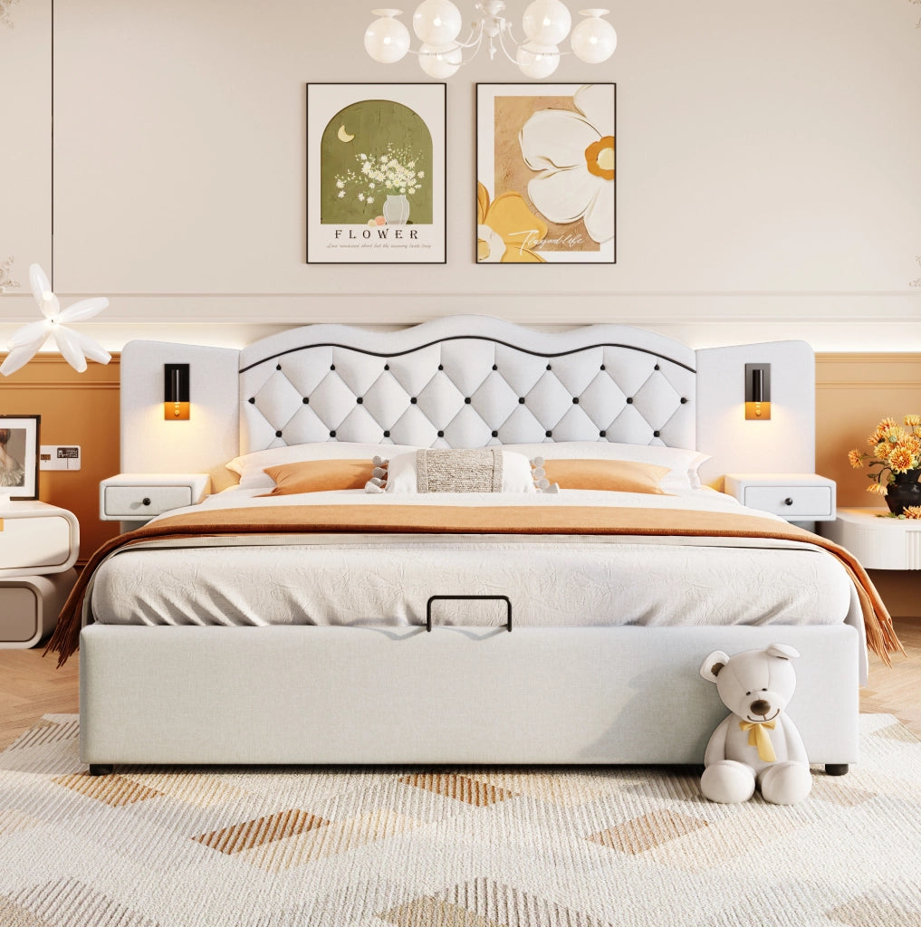 Letto matrimoniale 180x200 cm imbottito con contenitore; USB e luci; beige