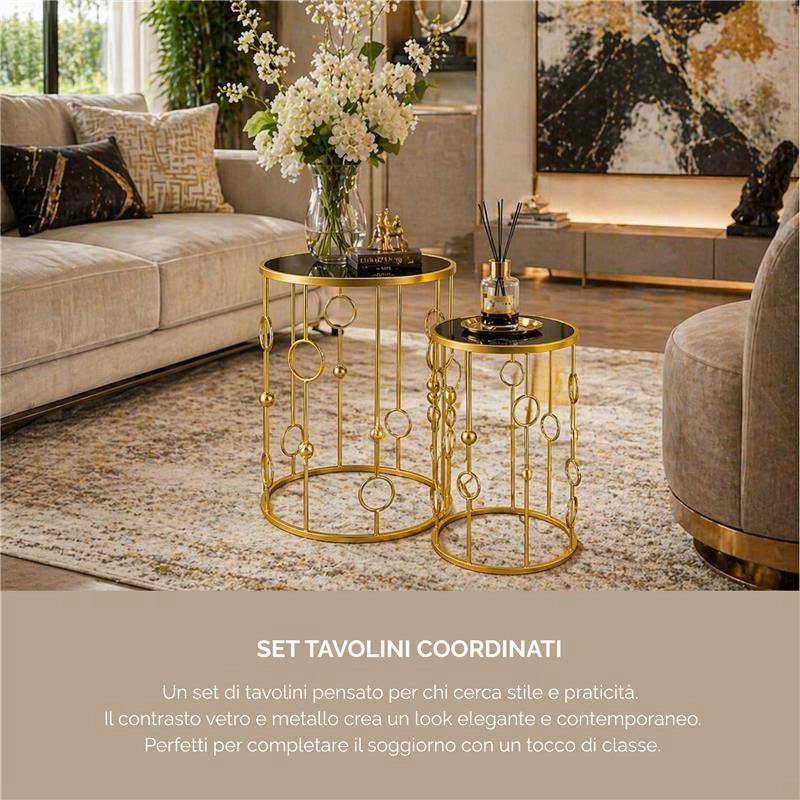 2 TAVOLINI TONDI METALLO COLOR ORO E TOP IN VETRO MISURE 38X55CM/ 33X50CM