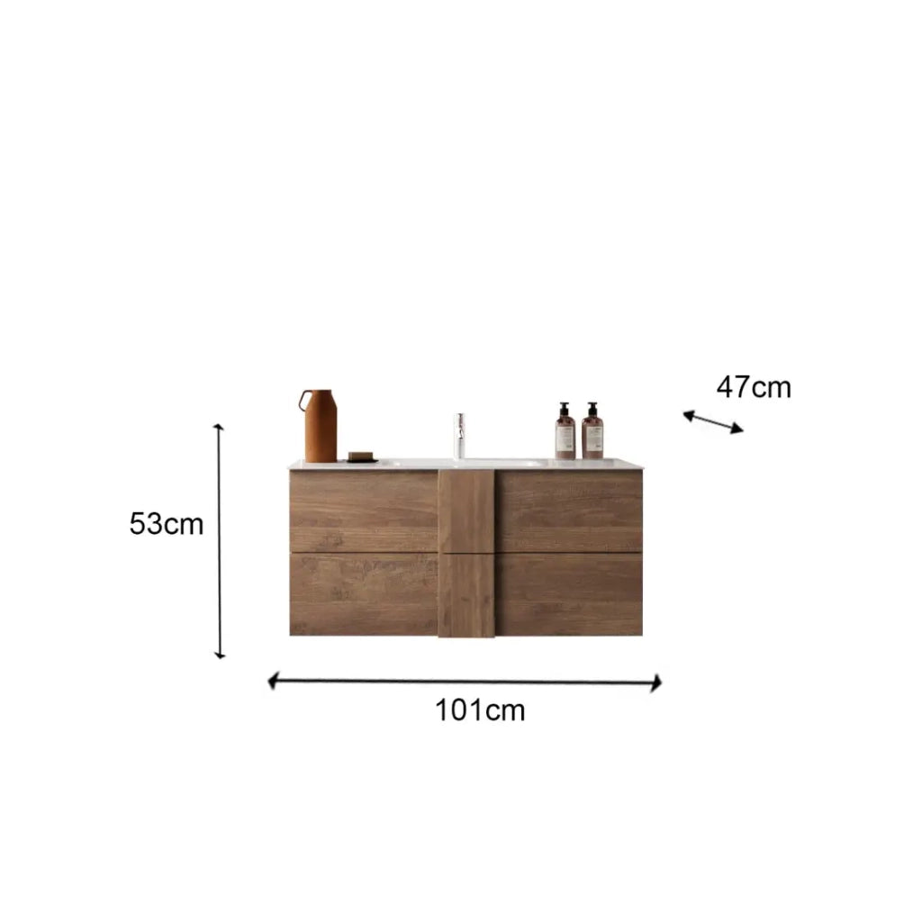 Mobile da bagno sospeso FRASSI - 1 lavabo, 2 cassetti - 101 cm - Color rovere chiaro