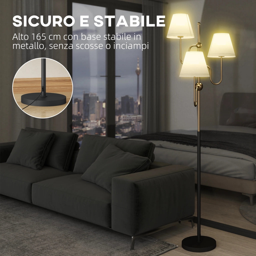 Lampada da Terra Alta con 3 Punti Luce Attacco E27 e Interruttore a Pedale 54x54x165 cm Base in Metallo Oro