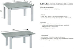 KIT TAVOLO ALLUNGABILE KENDRA CM 90X140/190X78 BIANCO / CEMENTO
