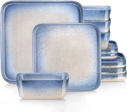 Set di servizio quadrato a nubi - 4 piatti grandi - 4 piatti piccoli - 4 ciotole - 12 pezzi - Bianco - Blu