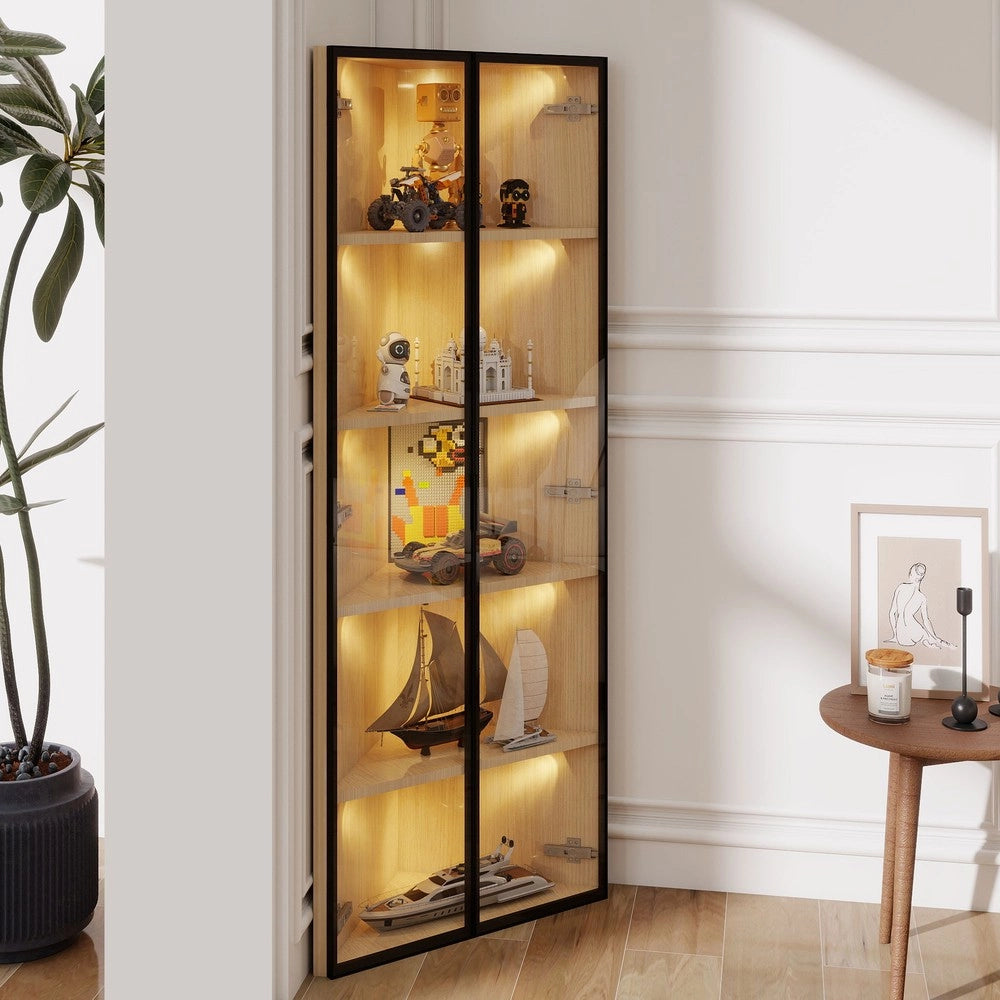Libreria Vetrina con LED ¨C MINIMAL ¨C Rovere, Vetro Temperato, 62x35x160