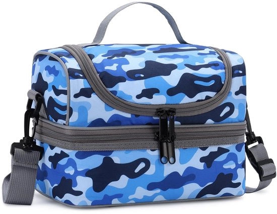 Lunchtas per bambini, lattine riutilizzabili leggere isolanti, termos per bambini con due contenitori e cinturino a schiena regolabile e rimovibile, colore mimetico blu