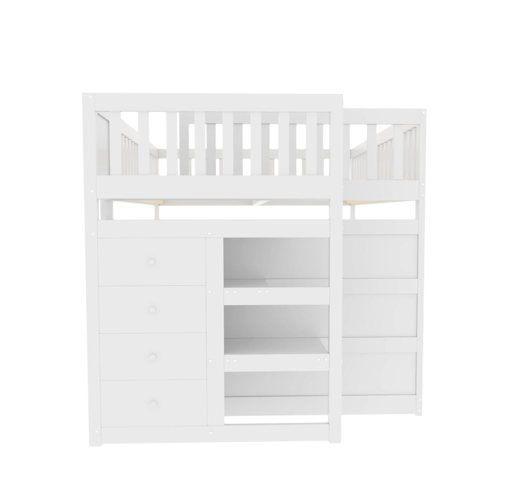 Letto a castello 140x200 cm con scala e sponde alte in legno bianco