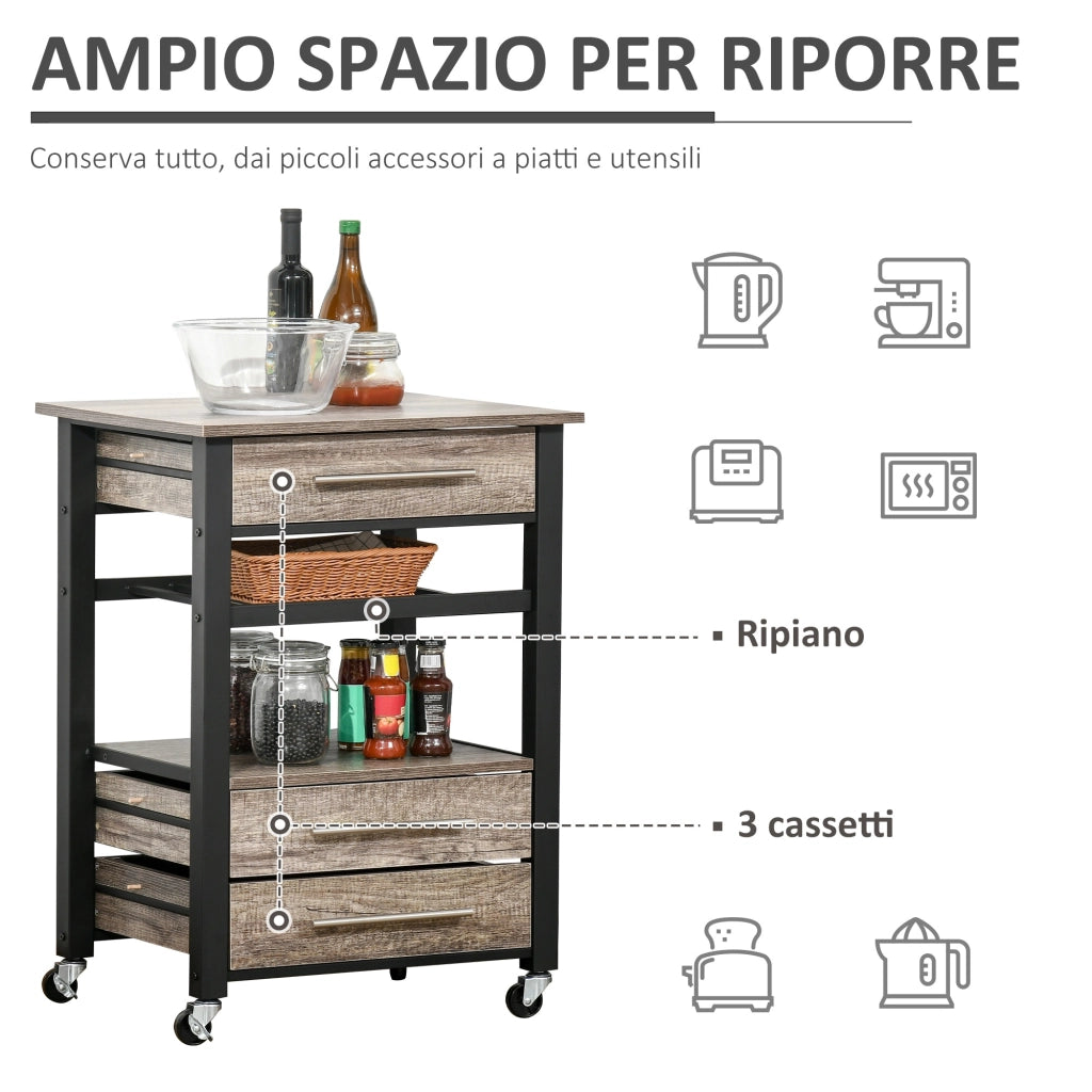 Easycomfort Carrello da Cucina Portavivande con 3 Cassetti e Mensola, Mobiletto Multiuso in Legno Truciolare, 60x50x84.5cm, Quercia