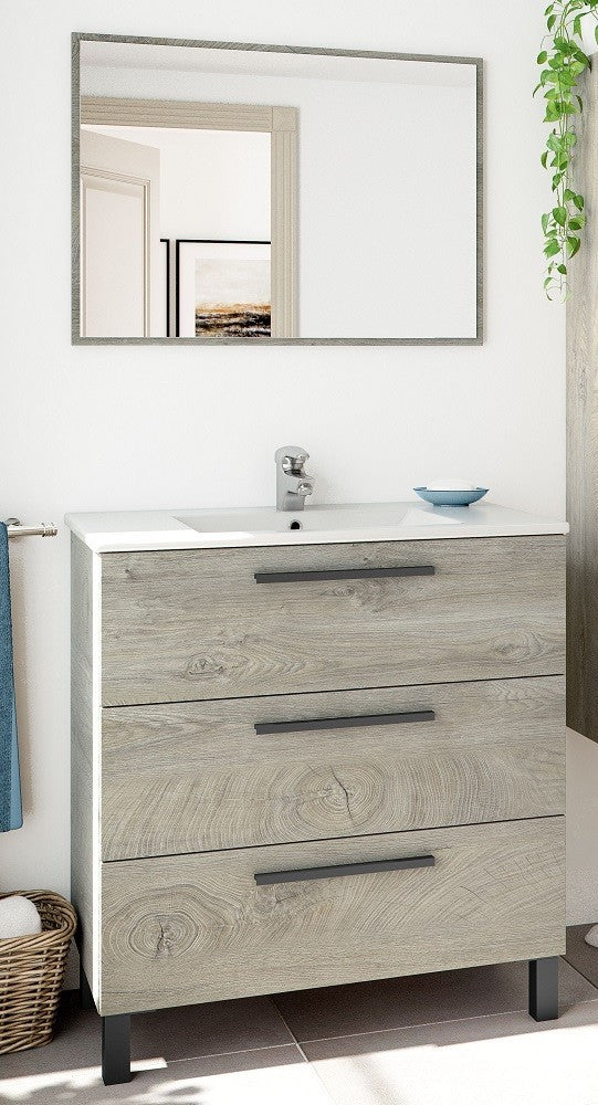 Mobile Bagno sottolavabo H86x80x45 Cm con specchio mod.ALASKA finitura Rovere