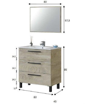 Mobile Bagno sottolavabo H86x80x45 Cm con specchio mod.ALASKA finitura Rovere
