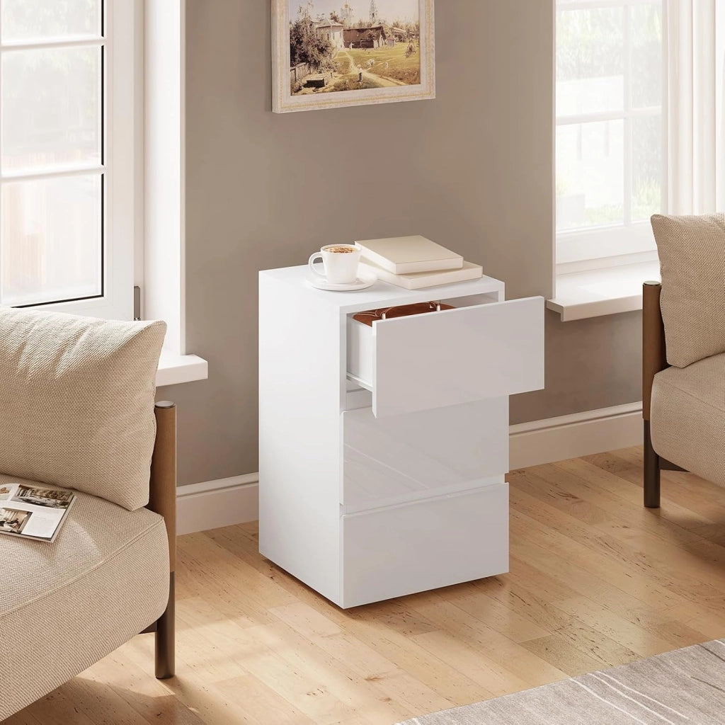 Set di 2 Comodino per Camera da Letto, Mobiletto Bianco con 3 Cassetti, Cassettiera Piccola Salvaspazio in Legno, con Guide Metalliche, Design Moderno, 40x35x62cm