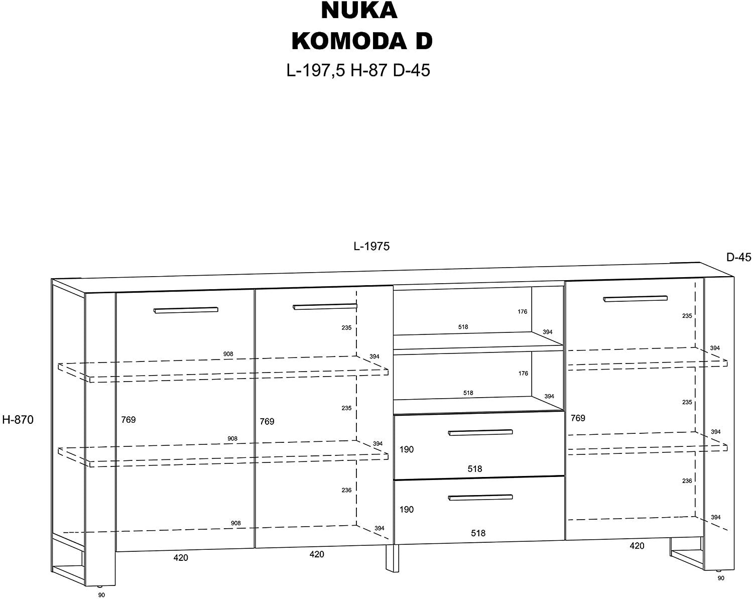 Mobile Credenza Nuka Cm 197 x 45 x 87H colore Rovere Rustico