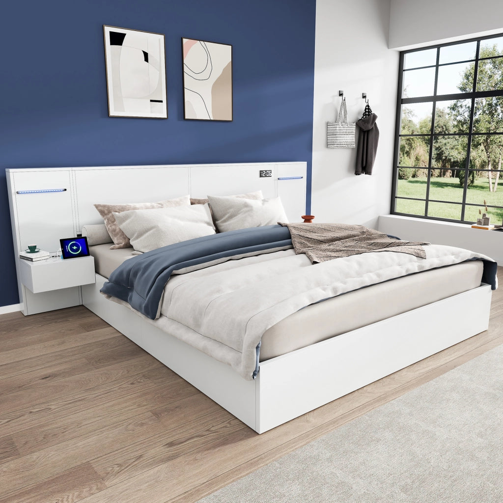 Letto matrimoniale 160x200 cm in MDF con Bluetooth, USB-A/USB-C, orologio elettronico e luci RGB
