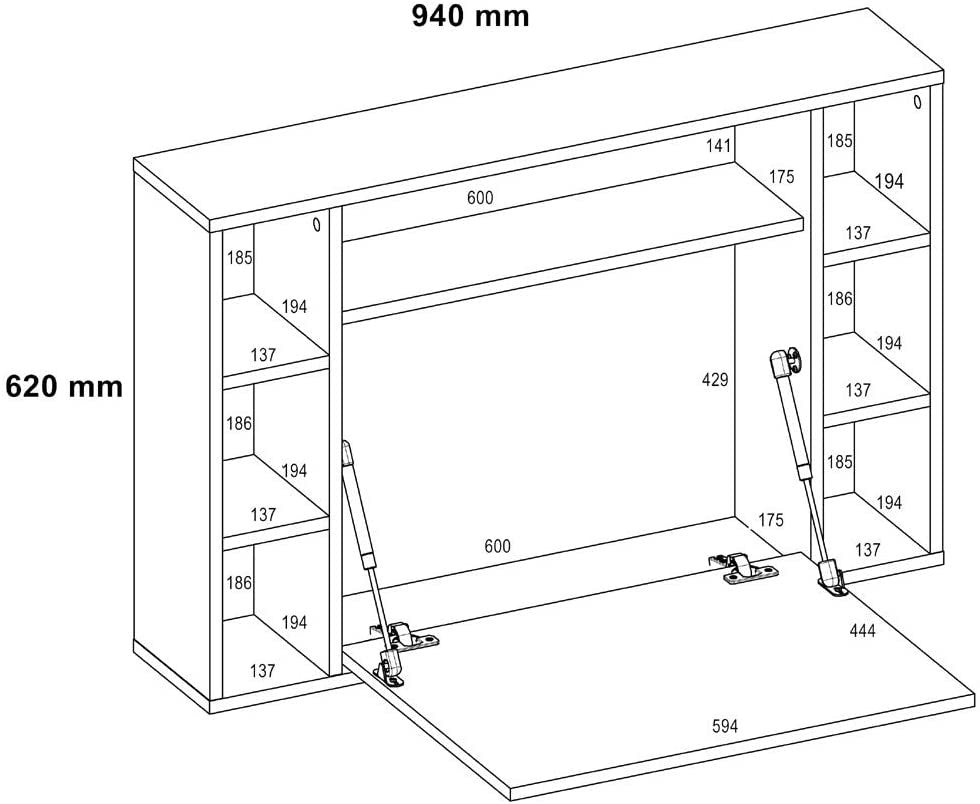 Mobile Mensola Scrivania pieghevole  rovere bianco 94 x 62h x 20cm(chiuso) 62(aperto)