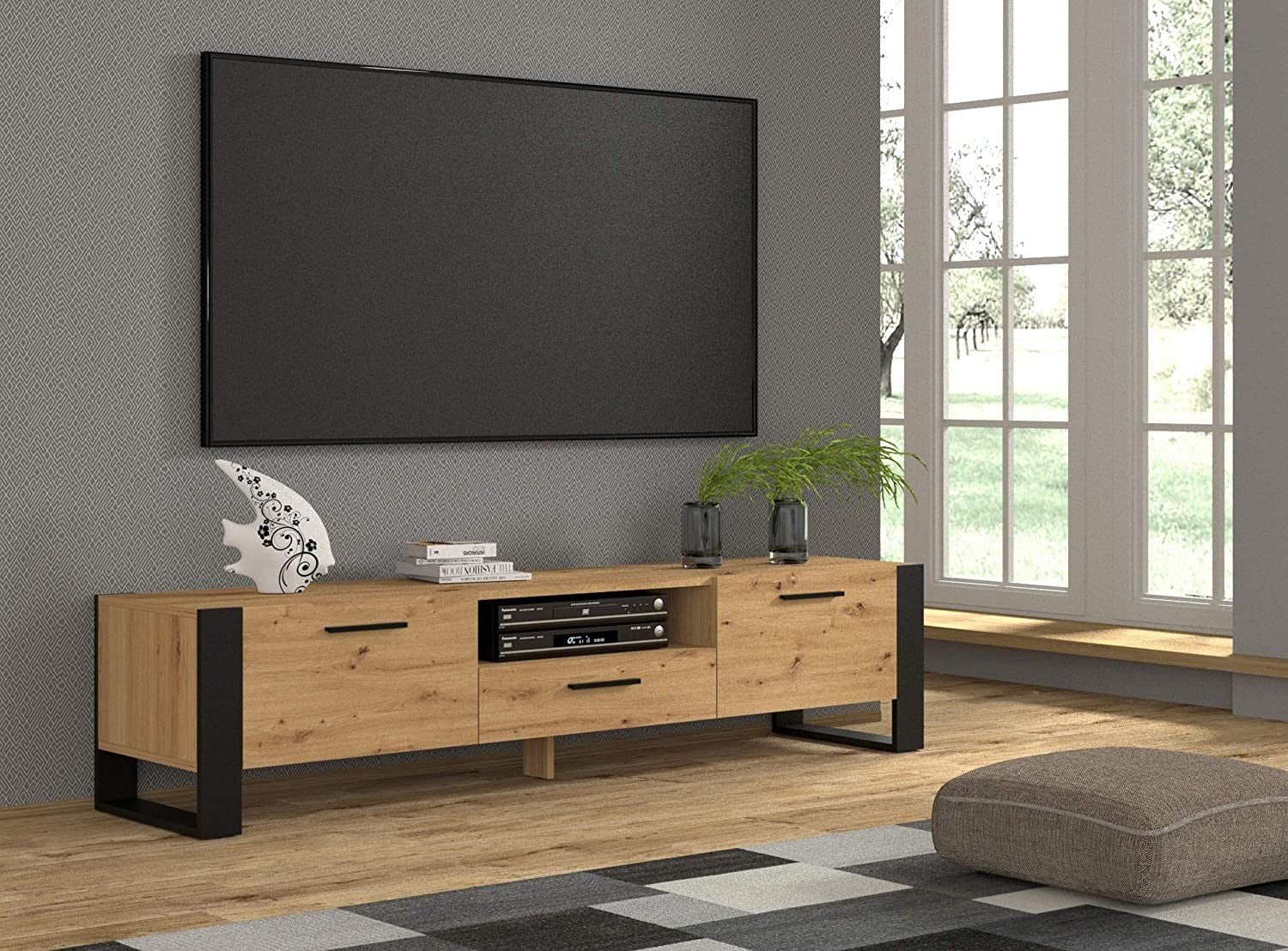 Mobile TV moderno Cm 160x43x48H coloreRovere Rustico piedi e maniglie Nero