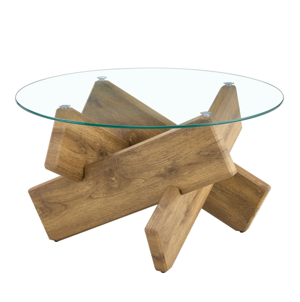 Tavolino da caffè rotondo 79 cm in MDF e vetro trasparente; struttura a croce; colore legno