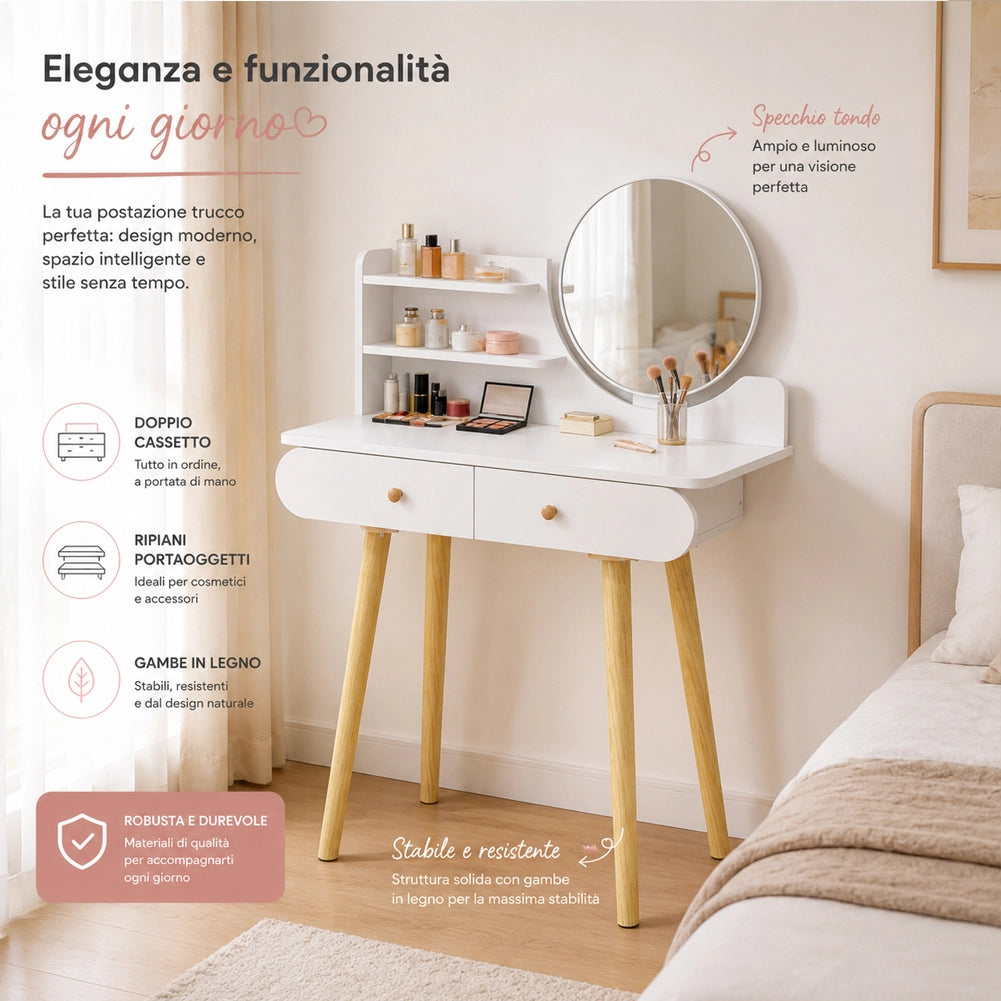 Toeletta Trucco 80x40x122 cm Postazione Make Up con Specchio Rotondo Bianca