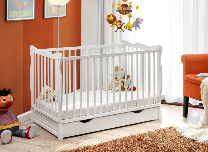 Letto culla bambini neonati con cassettone 124x82x71 Cm in legno di pino Ala colore Bianco