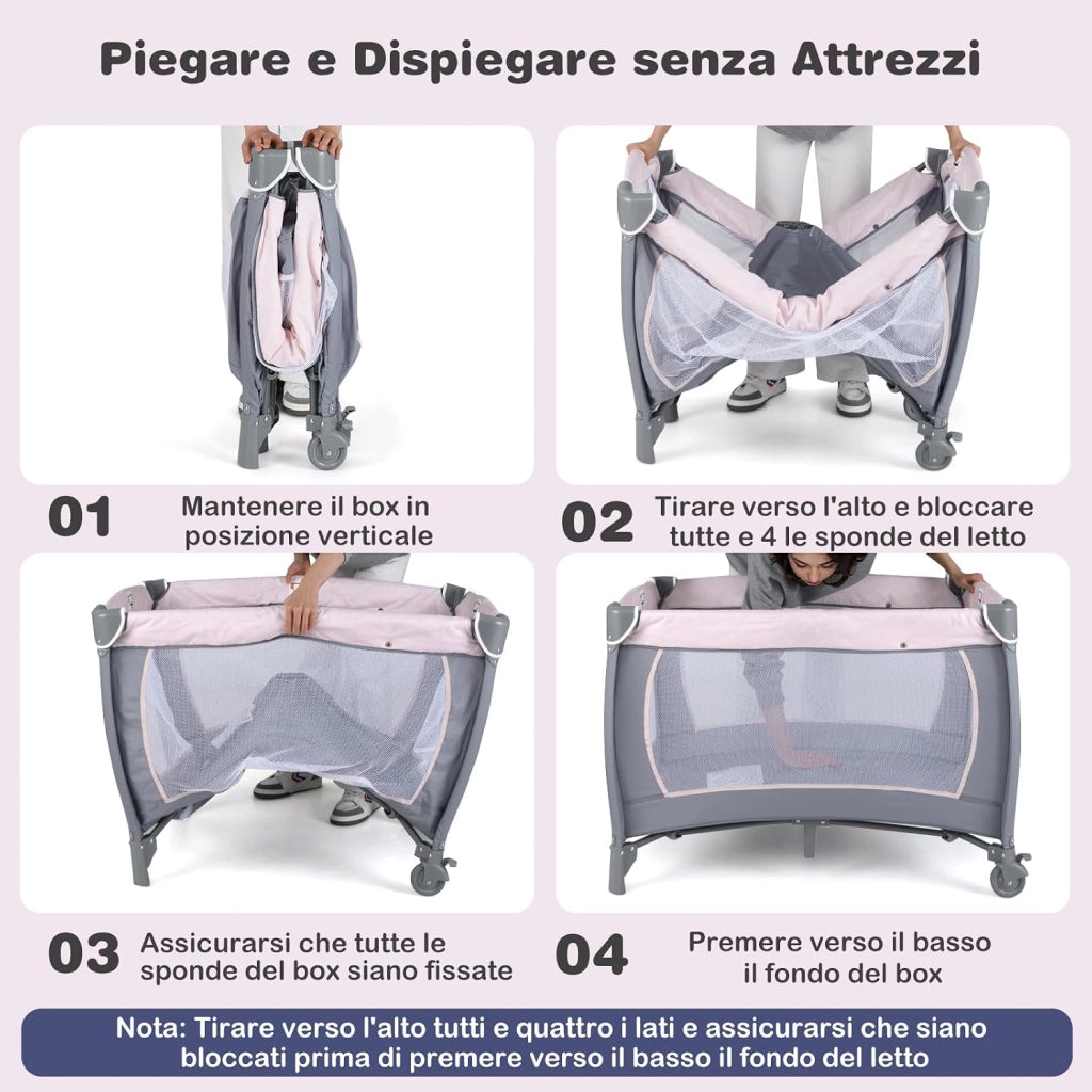5 in 1 Culla Campeggio Bambini, Lettino Viaggio Neonati Pieghevole con Materasso, Fasciatoio, Box Portatile con Ruote, 2 Giocattoli e Carillon, per Bambini 0-3 Anni (Rosa)