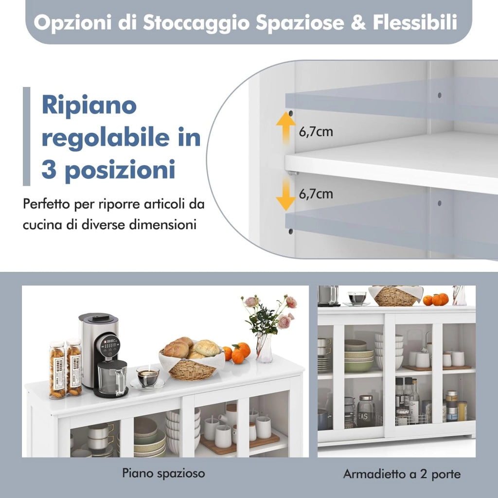 Armadietto da Cucina Mobile Laterale Multiuso con Ante Scorrevoli, in MDF e Vetro, 106,5 x 33 x 62,5 cm (Bianco)