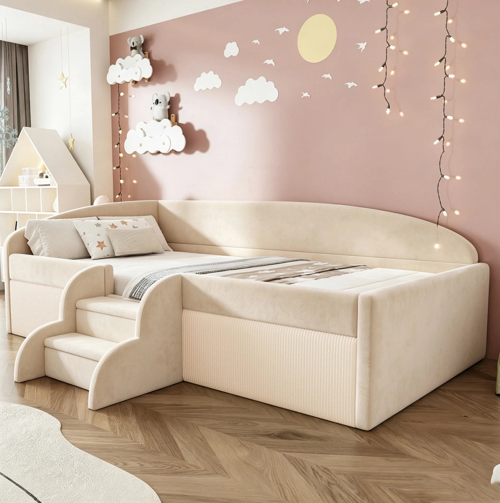 Letto imbottito per bambini 90 x 190 cm con gradini e sponde; velluto beige