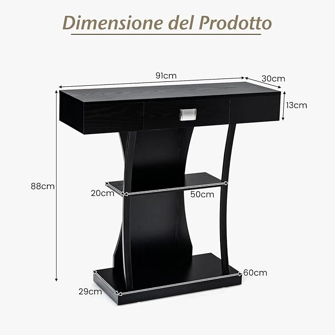 Tavolo Consolle in Legno, Tavolo Ingresso con Cassetti, Ripiani e 2 Kit Anti-ribaltamento, Tavolo Multiuso e Salvaspazio per Salotto, Camera da Letto e Corridoio, 91 x 30 x 88 cm (Nero)