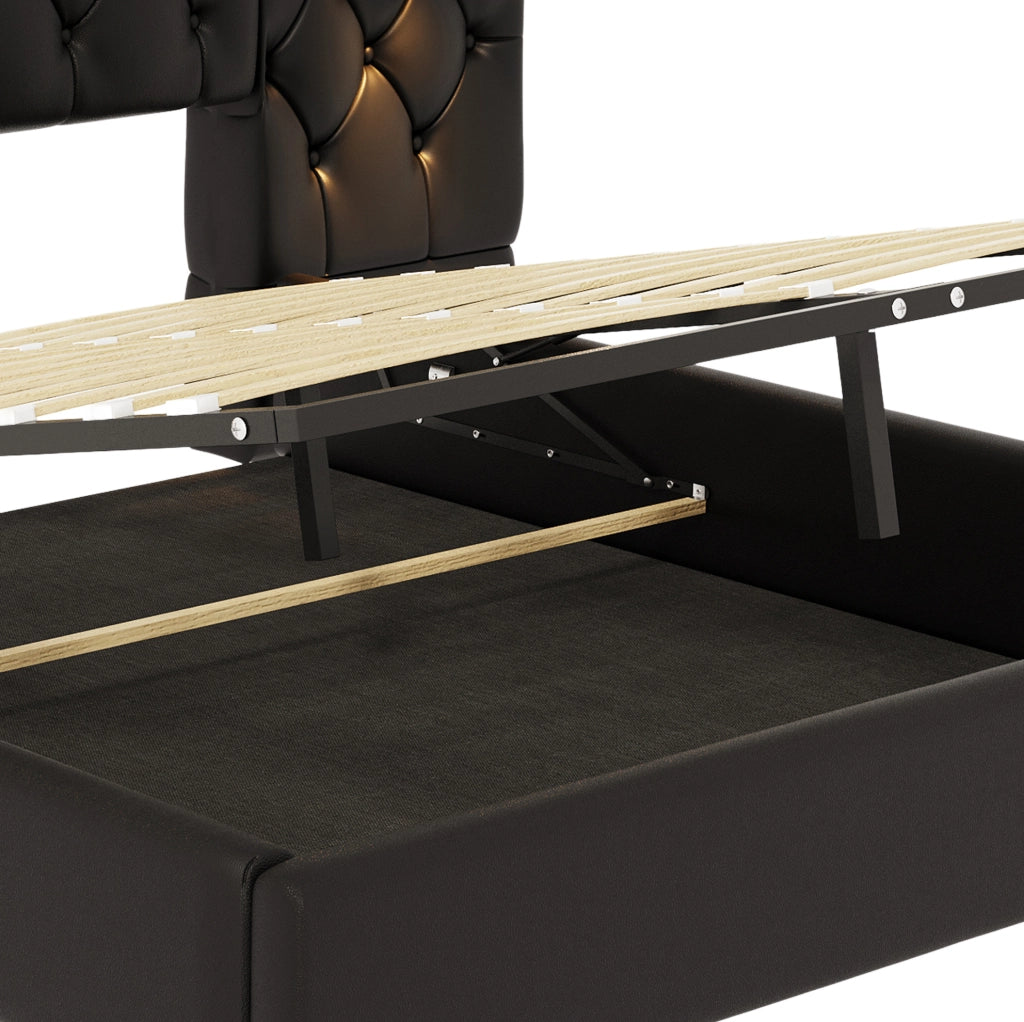 Letto matrimoniale 180x200 cm in pelle PU nera con testiera allungata; luci LED da lettura e USB