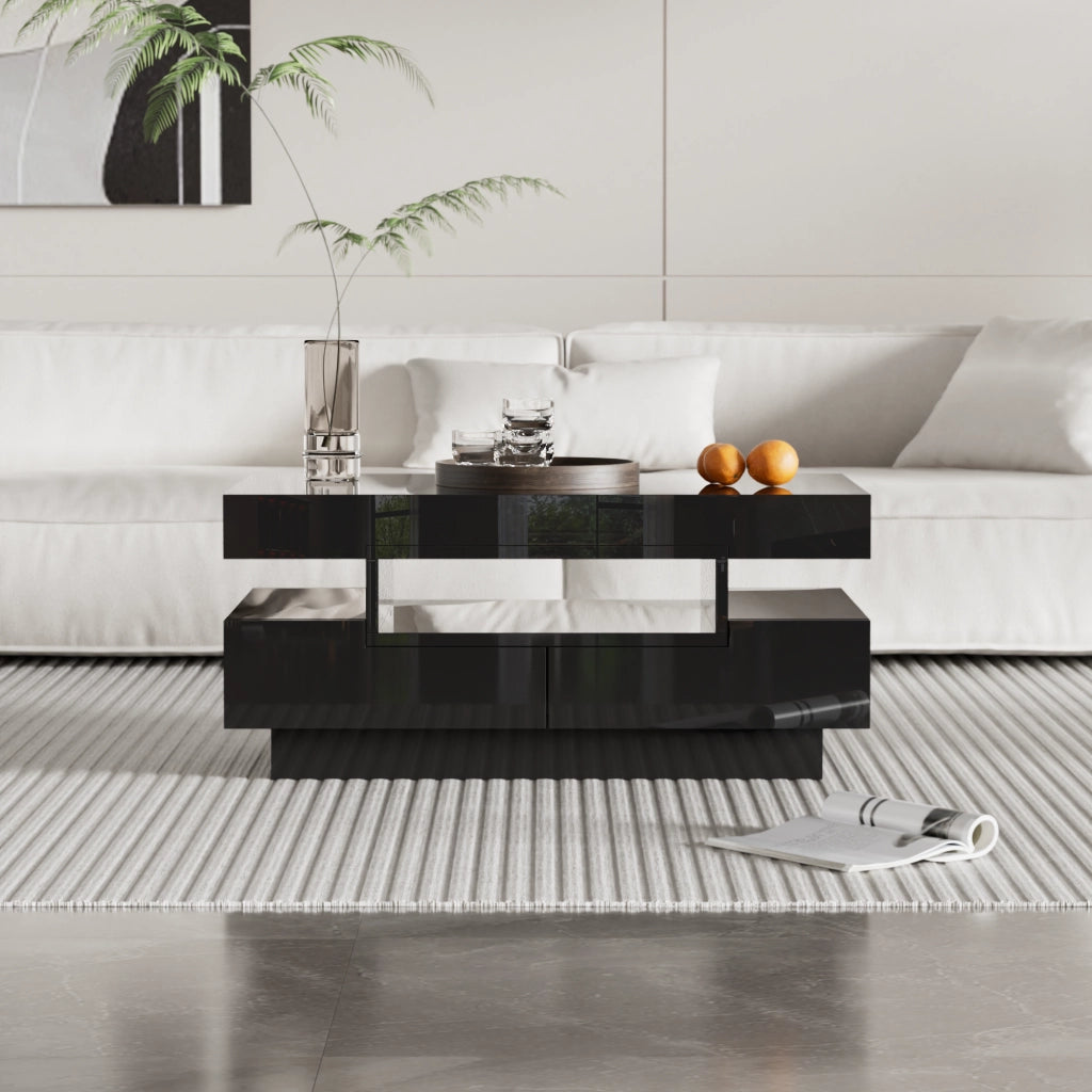 Tavolino da caffè 80x50x36 cm; LED regolabile e 3 vani con 4 cassetti; pannello truciolare nero