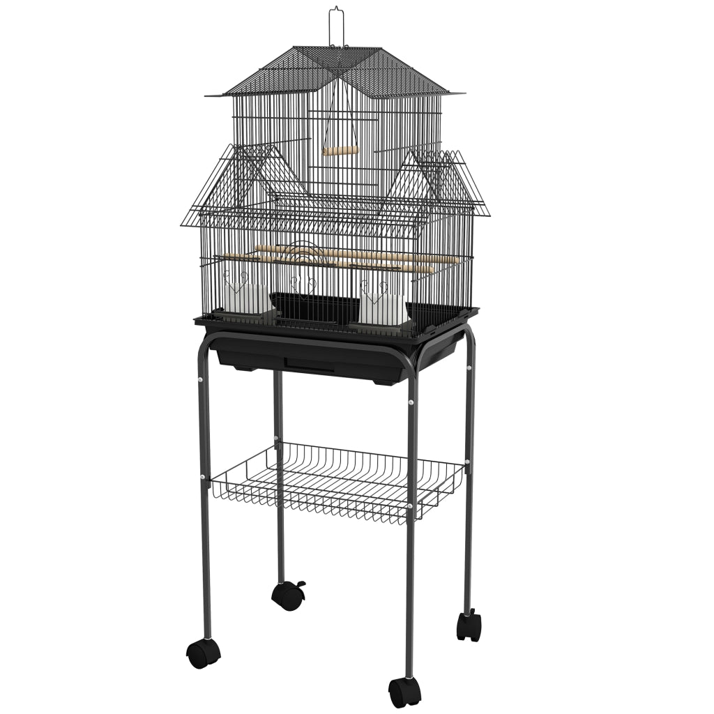 Gabbia per Uccelli Design con Mangiatoie, Trespoli e 3 Porte ¨C zephmum ¨C Nero