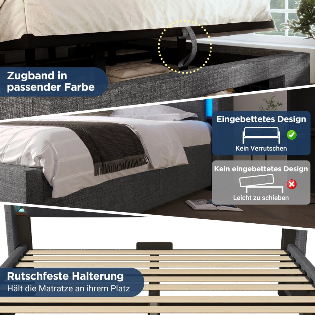 Letto imbottito grigio 140x200 cm con contenitore, LED e ricarica USB