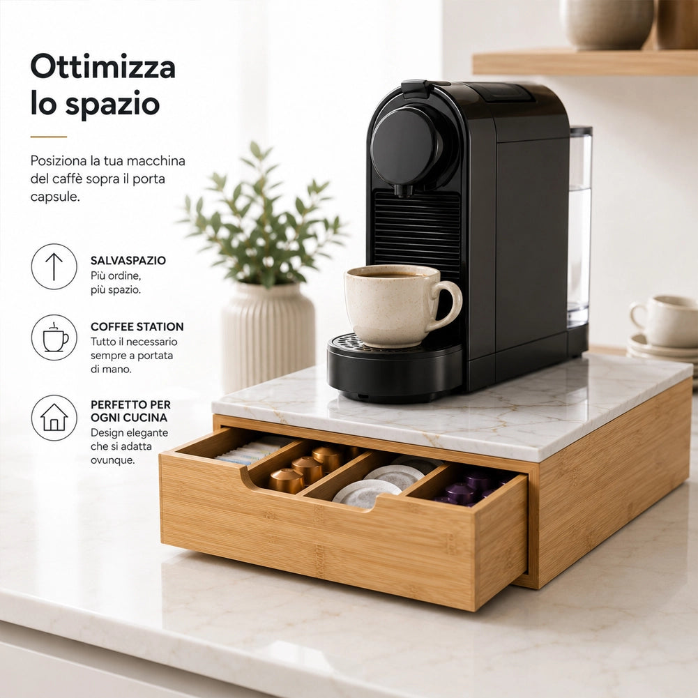Portacapsule Piano Vetro Effetto Marmo Tortora Portacialde Organizer 31.5x30x10cm