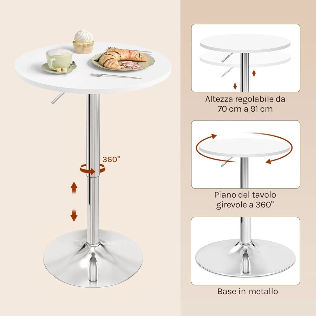 Tavolino da Bar, Girevole Piano Rotondo, Diametri 60 cm, Tavolo da Cucina, Base in Acciaio e Piano in MDF, per Soggiorno, Bianco