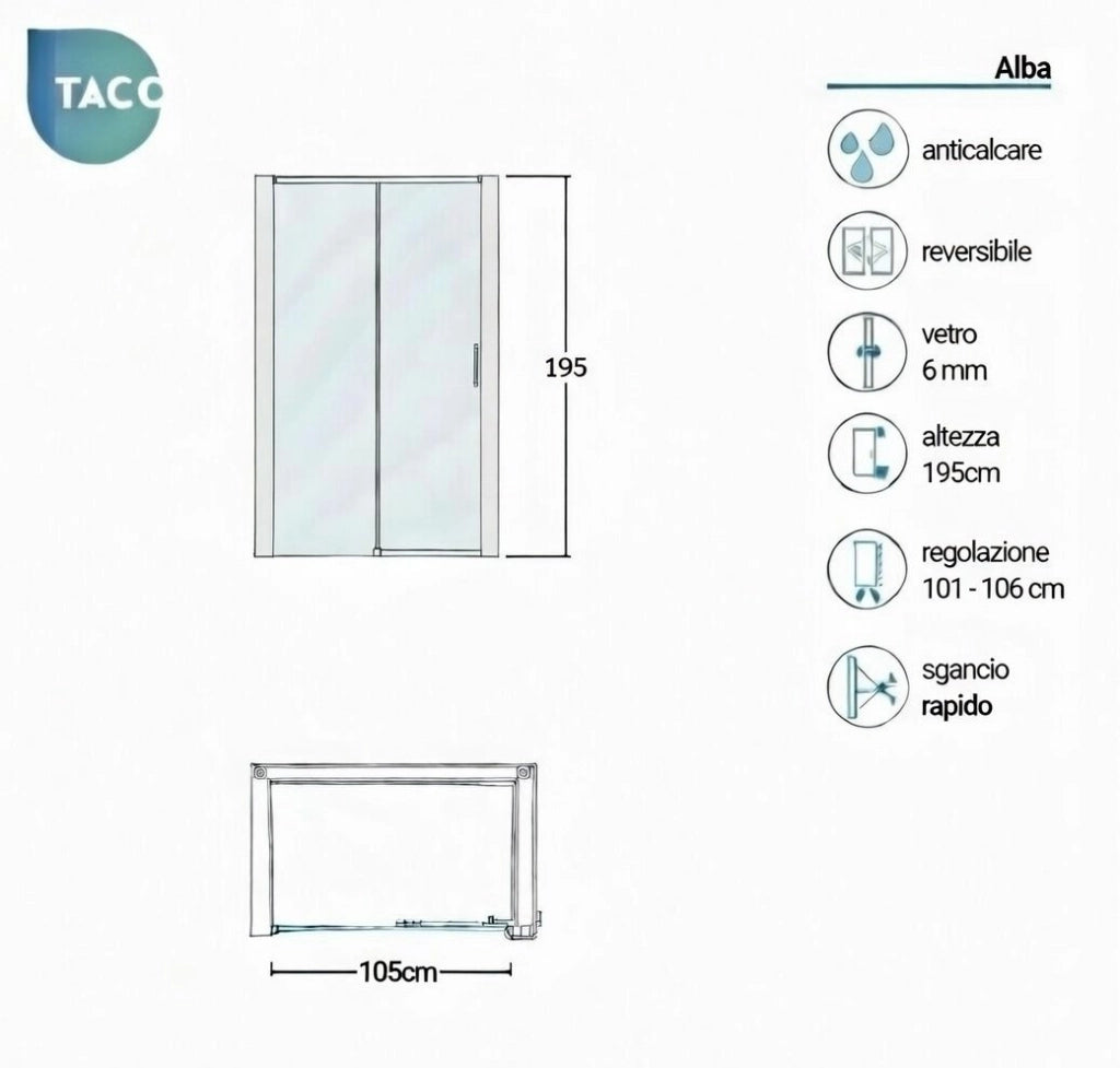 Box doccia a nicchia 105 cm porta scorrevole apertura laterale H195 cm ALBA Cromato