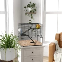 Gabbia per Criceti a 3 Livelli con Ruota, Rampe e Fondo Rimovibile, 60x40x57cm, Nero